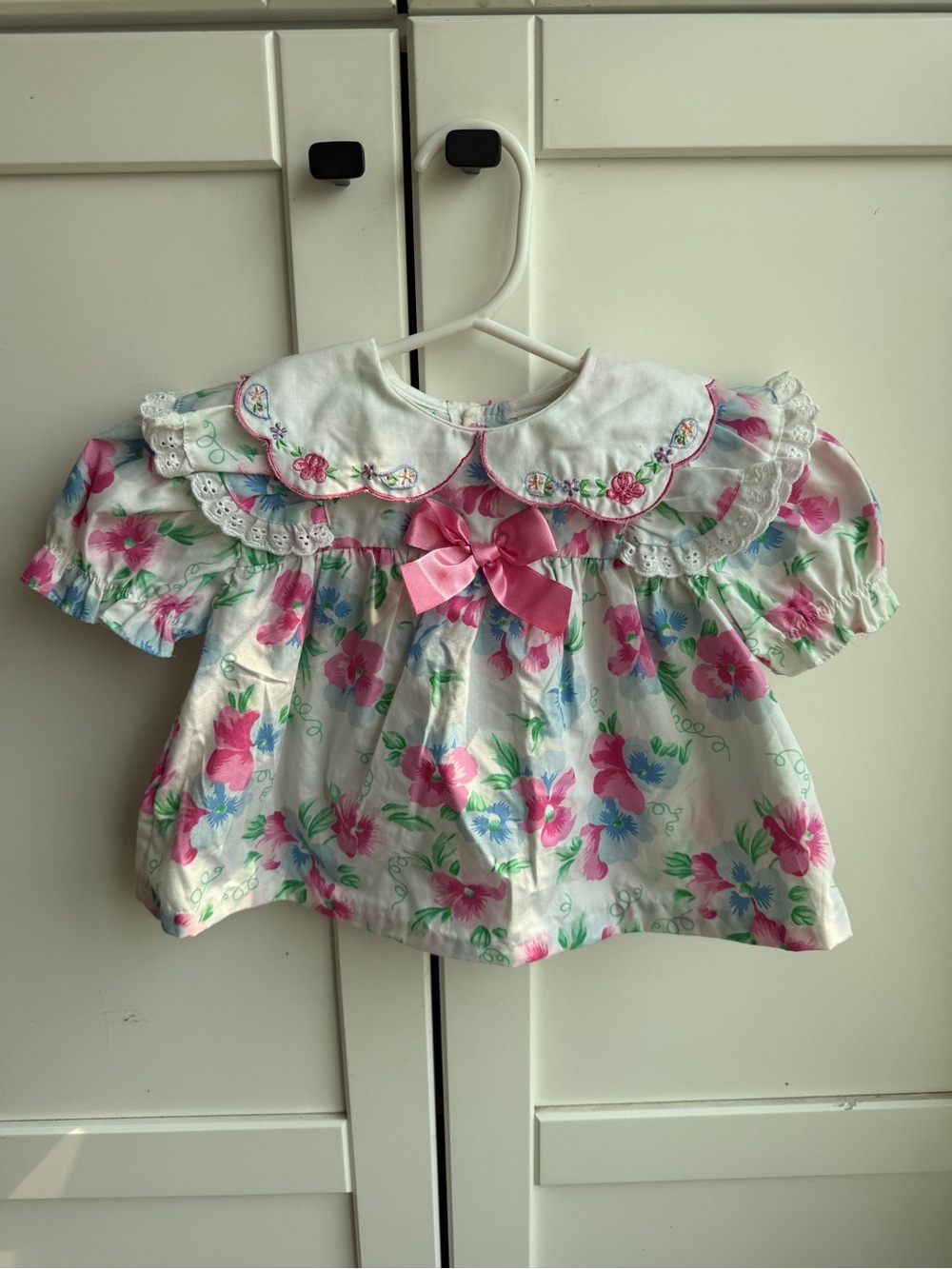 Vintage 12M Floral Baby Dress Peter Pan Collar Embroidered Bow Cottagecore